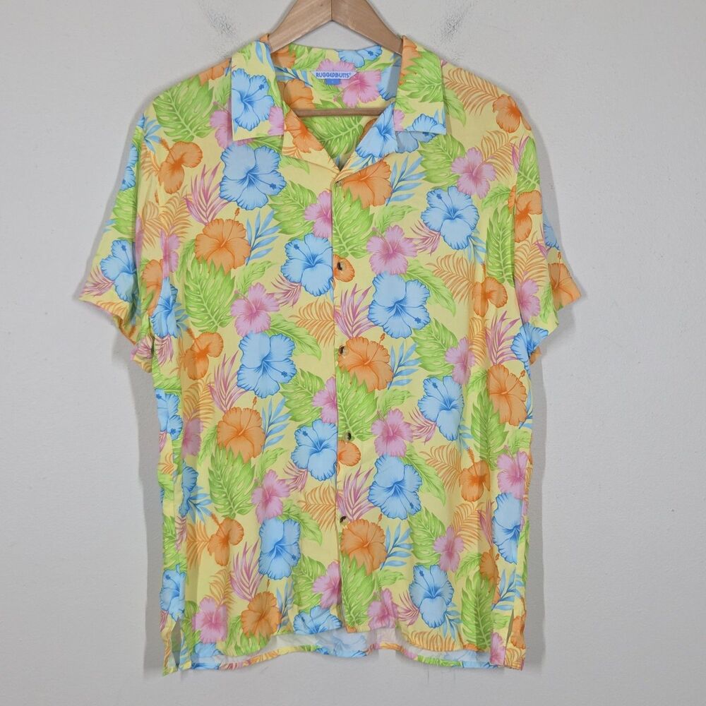 Rugged Butts Mens Hawaiian Shirt Button Up Camp Collar L Tropical Vacation Beach
